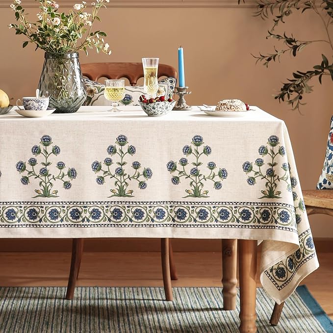 patdrea Designer Blue Tablecloth for Rectangle Tables,Vintage Linen with Leaves and Flowers Pattern Tablecloths,Farmhouse Floral Table Cover Cloth Decor for Kitchen Dining Christmas,63"*110"