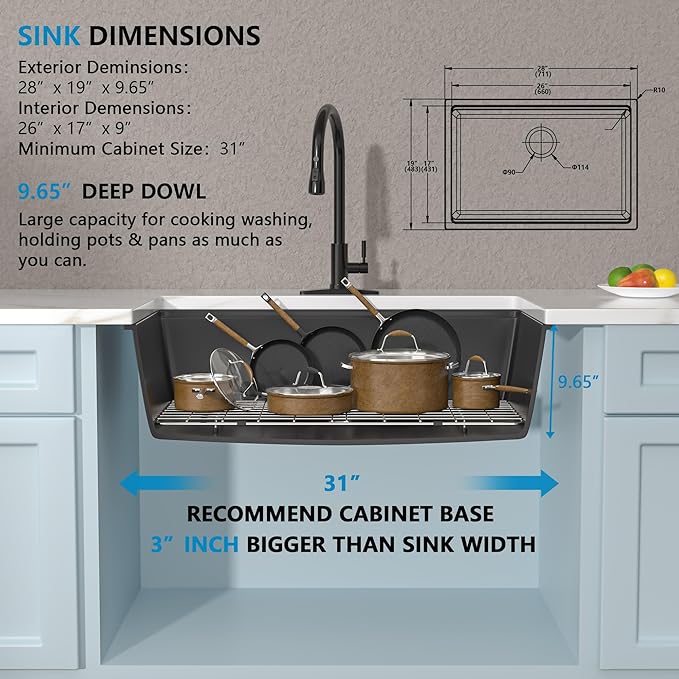 28"x19" Granite Composite Kitchen Sink - Matte Black Undermount Ledge Workstation Quartz Classic Under Counter Single Bowl Basin