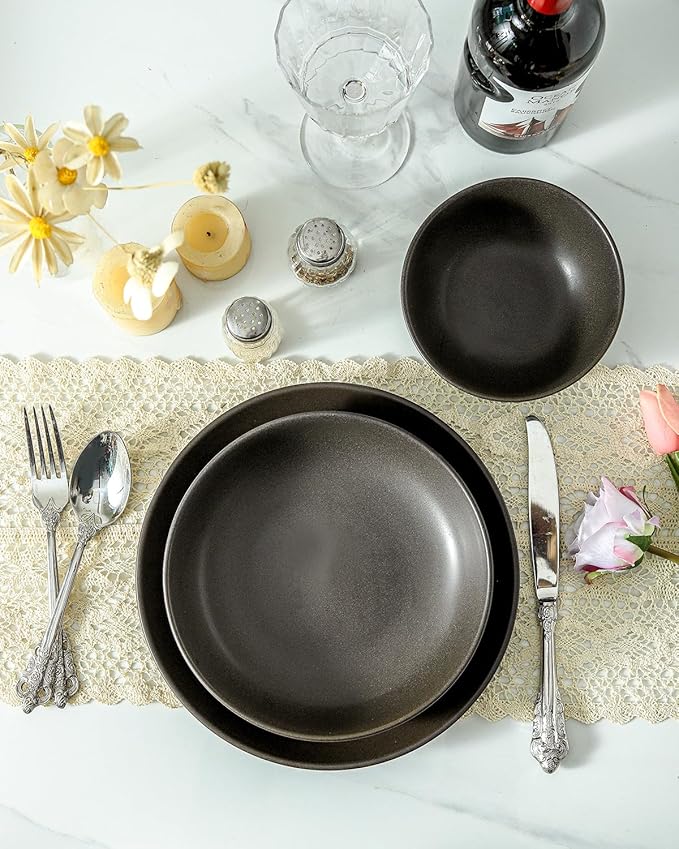 3 Piece Dinnerware Set, Stoneware Plate and Bowl Set, Ceramic Serveware Set, Scratch Resistant, Dishwasher & Microwave Safe, Matte Black