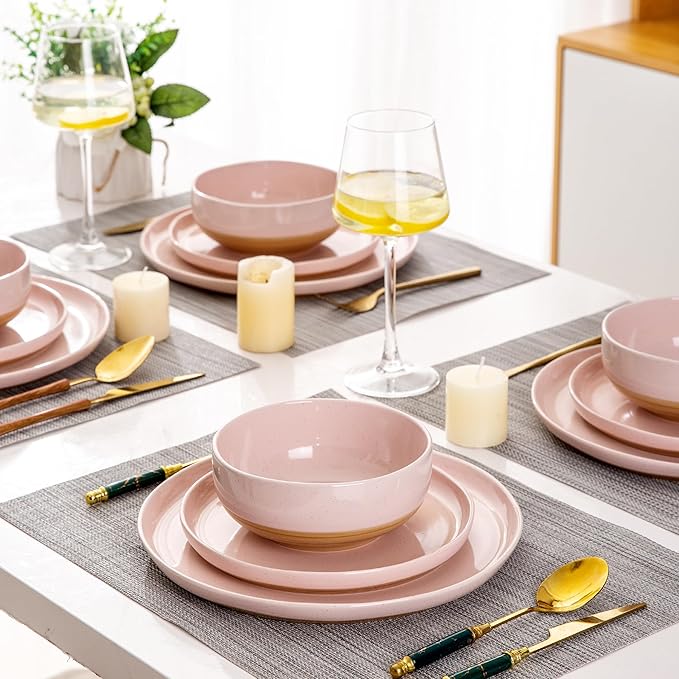 AmorArc Ceramic Dinnerware Sets for 4, 12 Pieces Handpainted Plates and Bowls Set with Rustic Terracotta Underside, Scratch Resistant Stoneware Dishes Set, Dishwasher & Microwave Safe, Cloud Pink