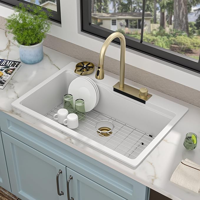 33"x22" Waterfall Kitchen Sink Workstation - White Granite Composite Quartz Classic Drop In Topmount Single Bowl Multifunction Smart Waterfall Sink with Faucet Combo & Glass Rinser