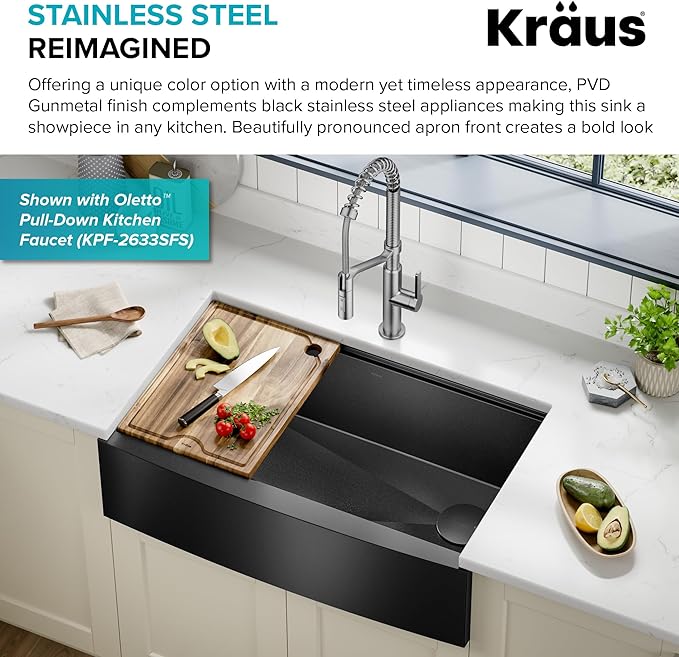 Kraus Kore 33-Inch Farmhouse Workstation with In Sink Dish Drying Rack, Stainless Steel Kitchen Sink Gun Metal Finish, KWF410-33/PGM