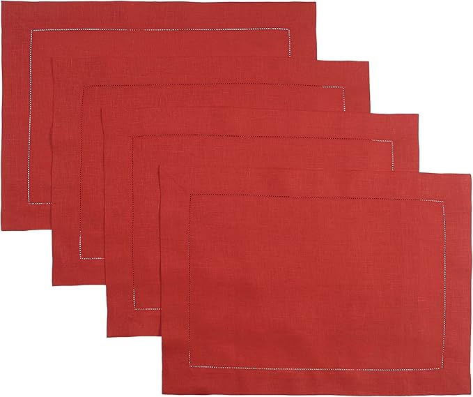 D'Moksha Homes Linen Placemats Set of 8 - Classic Hemstitch Bright Red Placemats 14 x 19 Inch - 100% Pure Linen Table Mats for Fall, Thanksgiving, Christmas, Holiday - Handcrafted and Machine Washable