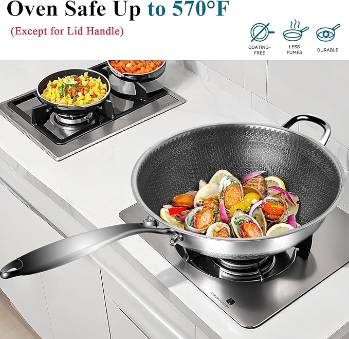 Wok, 12 Inch Stainless Steel Wok, Hybrid Nonstick Woks & Stir-fry Pans with Lid, Honeycomb Wok Pan with Stay-Cool Handle, Dishwasher and Oven Safe, PFOA Free Cookware