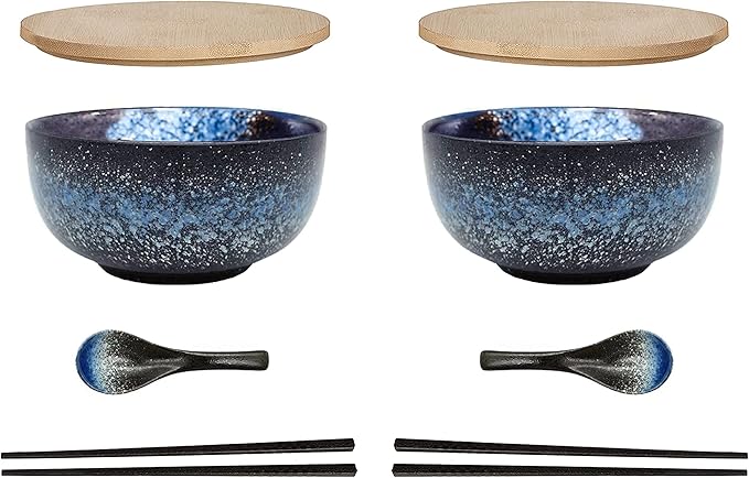 38 OZ Large Ceramic Ramen Bowls 2 Sets(8 Piece)， Japanese ramen bowls, soup bowl, noodle bowls with Spoons and Chopsticks For Salad, Rice, Noodles, Microwave & Dishwasher Safe (Ramen bowl 2 sets)