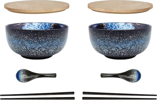 38 OZ Large Ceramic Ramen Bowls 2 Sets(8 Piece)， Japanese ramen bowls, soup bowl, noodle bowls with Spoons and Chopsticks For Salad, Rice, Noodles, Microwave & Dishwasher Safe (Ramen bowl 2 sets)