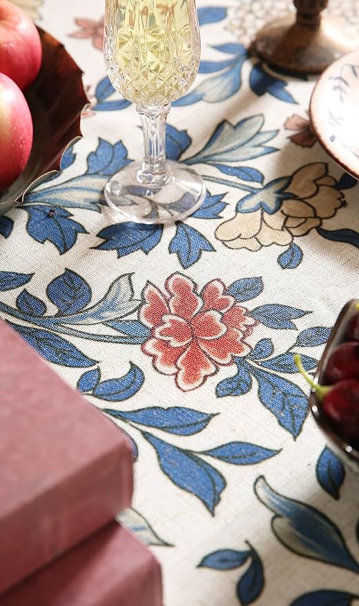 patdrea Designer Blue Tablecloth for Round Tables,Vintage Linen with Leaves and Flowers Pattern Tablecloths,Farmhouse Floral Table Cover Cloth Decor for Kitchen Dining Christmas,Diameter 55"