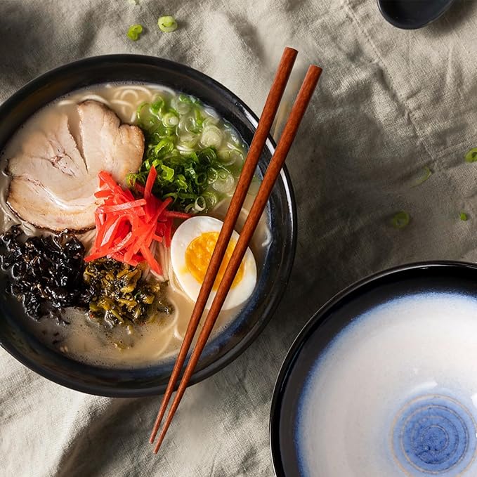 NUTRIUPS 8 Inch Ceramic Ramen Bowl Set of 2 Pho Bowls 40oz Japanese Noodle Udon Soup Bowls with Spoons and Chopsticks (Moon Blue)