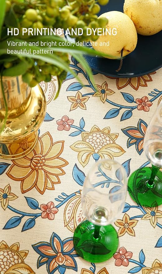 French Tablecloth for Round Tables,Linen Table Cloth with Yellow Flowers Pattern,Heavy Durable Table Cover for Dining Thanksgiving Kitchen Decor Party Christmas,Diameter 55"