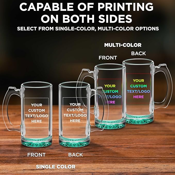 12 Libbey Beer Mugs Set, 12 oz. - Customizable Text, Logo - Groomsmen Glassware - Green