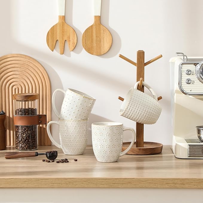 MALACASA LYDIA Coffee Mugs, 16 OZ Ceramic Mugs Set of 4 with Handle, Embossment Cups for Latte, Hot Tea, Cappuccino, Mocha, Cocoa, Dishwasher & Microwave Safe Gift Set, White