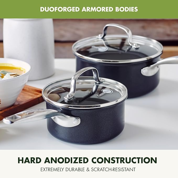GreenPan Prime Chatham 1QT & 2QT Saucepan Pot Set with Glass Lids, Hard Anodized Diamond Infused Ceramic Nonstick, PFAS-Free, Dishwasher Safe, Oven Safe, Multipurpose Chefs Pan, Stay-Cool Handle,Black