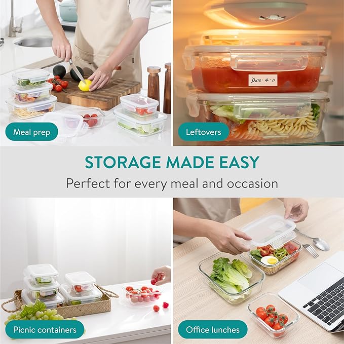Navaris Glass Food Storage Containers with Lids - Set of 6, Airtight & Lockable - Reusable Meal Prep Containers for Lunch, Leftovers & Picnic - Microwave, Dishwasher & Oven Ready