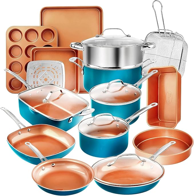 GOTHAM STEEL 20 Piece Copper Pots and Pans Set Nonstick Cookware Set + Complete Ceramic Bakeware Set for Kitchen with Long Lasting Non Stick, Dishwasher/Oven Safe, Non Toxic – Turquoise