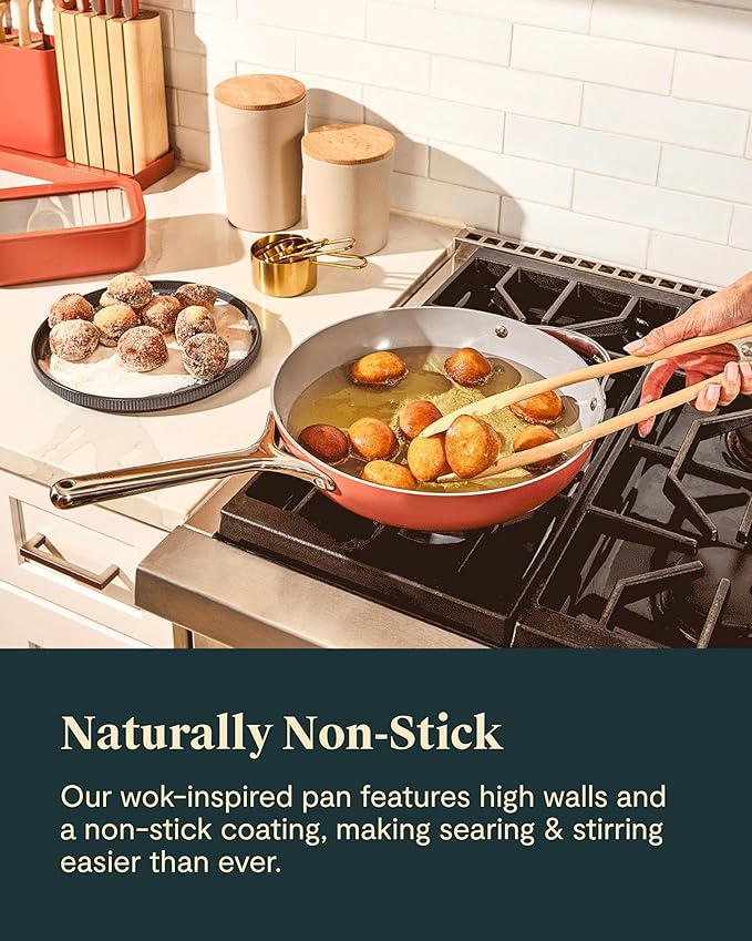 Caraway Non-Stick Stir Fry Pan - 12” Wok-Inspired Pan - Free From Forever Chemicals - High-Sloped Walls - Stainless Steel Handles - White