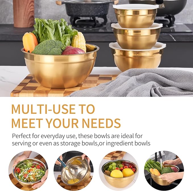 Gold Mixing Bowls with Airtight Lids, Stainless Steel Nesting Mixing Bowls Set of 7, Ideal for Baking, Prepping and Serving Food, Size 7, 3.6, 2.7, 2.1, 1.5, 1.1,0.8 QT, Stackable Design