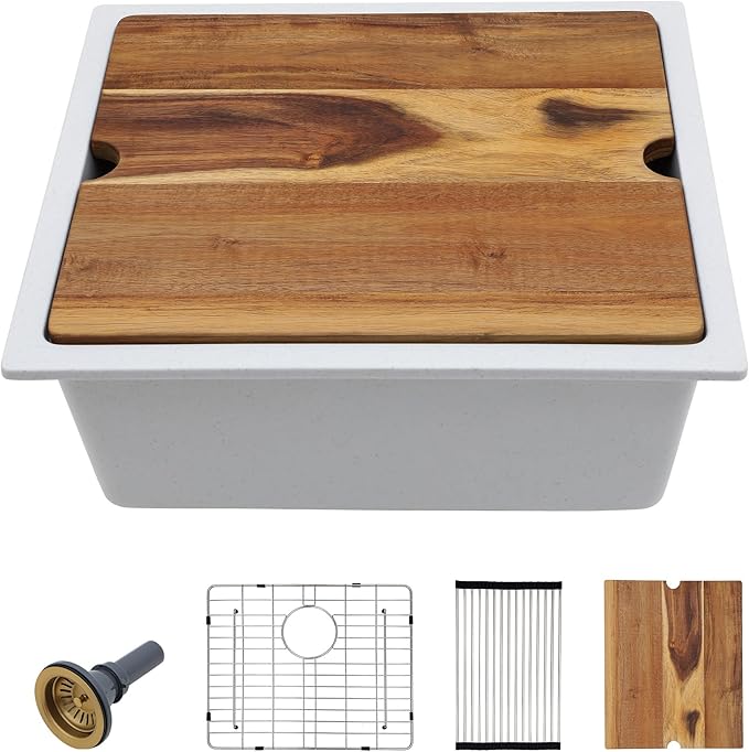 21"x18" Undermount Wet Bar Sink Workstation - White Granite Composite Quartz Classic Single Bowl Under Counter Small Kitchen Bar Prep RV Sink Basin