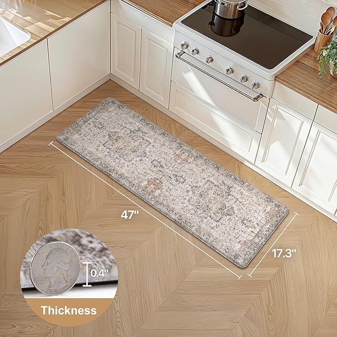 GENIMO Kitchen Mats for Floor, Washable Anti Fatigue Mat for Cushioned, 17.3"x47", Waterproof Kitchen Rugs, Non Slip Foam Comfort Standing Mat Rug for Home, Runner, Sink, Laundry, LightTaupeBrown