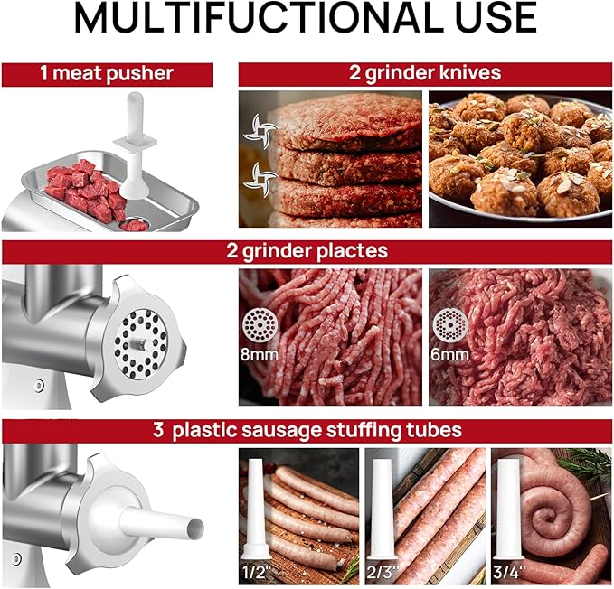 Electric Meat Grinder #8, 0.6 HP Heavy Duty Stainless Steel Meat Mincer, 1500W Max, Includes 2 Blades, 2 Plates & 3 Sausage Stuffing Tubes, Meat Grinder for Home Kitchen & Restaurant Use