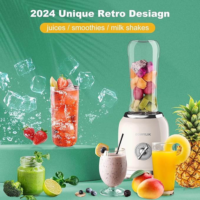 Personal Retro Protein Drink Blender, 3 Speed Small Blender for Smoothies, Maker with 6-Edge Blade and 2 * 20oz BPA Free Travel Cups