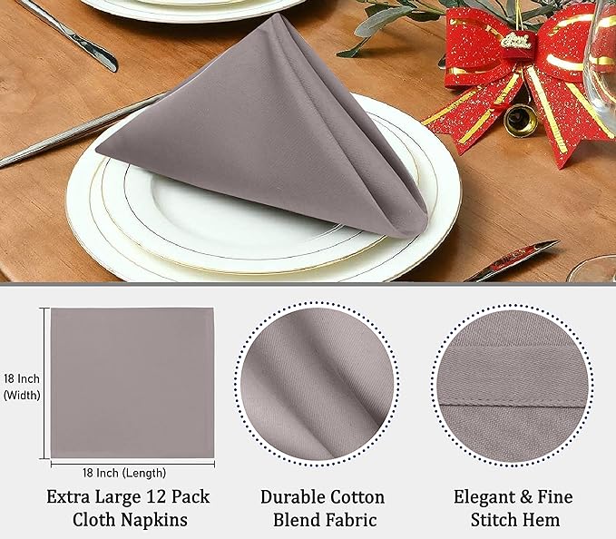 Ruvanti Cloth Napkins Set of 12, 18x18 Inch, Soft & Absorbent Cotton Enrich Dinner Napkins for Hotel, Wedding Parties, Napkins Everyday - Coffee Grey
