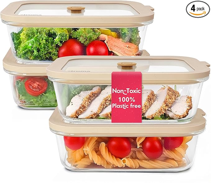 Non-Toxic 35 Oz (4.4 Cup) Glass Storage Containers with Lids – Plastic Free Meal Prep Containers for Lunch, Airtight Food Storage, Microwave and Freezer Safe, 4 Pack - Ziruma