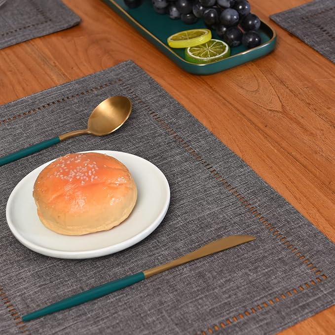Tosewever Set of 6 Decorative Linen Placemats 12 x 18 Inches, Farmhouse Style Table Mats for Everyday Dining Wedding Party Holiday Home Decor (6 Pieces 12 x 18”, Grey/Straight)