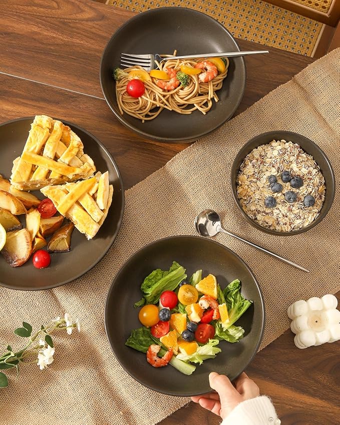 Dinnerware Sets, Stoneware Plates and Bowls Sets, Farmhouse 12 Piece Dish Set for 4, Ceramic Plates Set for Kitchen, Scratch Resistant, Dishwasher & Microwave Safe, Matte Black