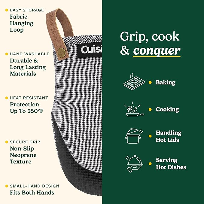 Cuisinart Heritage Mini Oven Mitts–5.5”x7” Heat-Resistant Kitchen Mitts for Oven with Non-Slip Neoprene Palm, Cotton Filling, and Faux Leather Loop–Durable Oven Mitt Set (Black/White Mini Houndstooth)