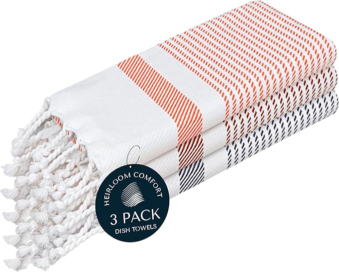 Multi Color Kitchen Towels 16x26 Inch, 3 Pack, 100% Cotton, Ultra Absorbent, Fast Dry, Machine Washable, Drying Dishes, Cleaning, Everyday Use - Orange, Brown, Indigo Blue