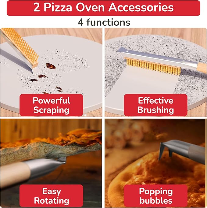 Pizza Oven & Stone Brush with Scraper, Turning Fork & Bubble Popper Bundle - Essential Accessories & Tools for Any Pizza Oven