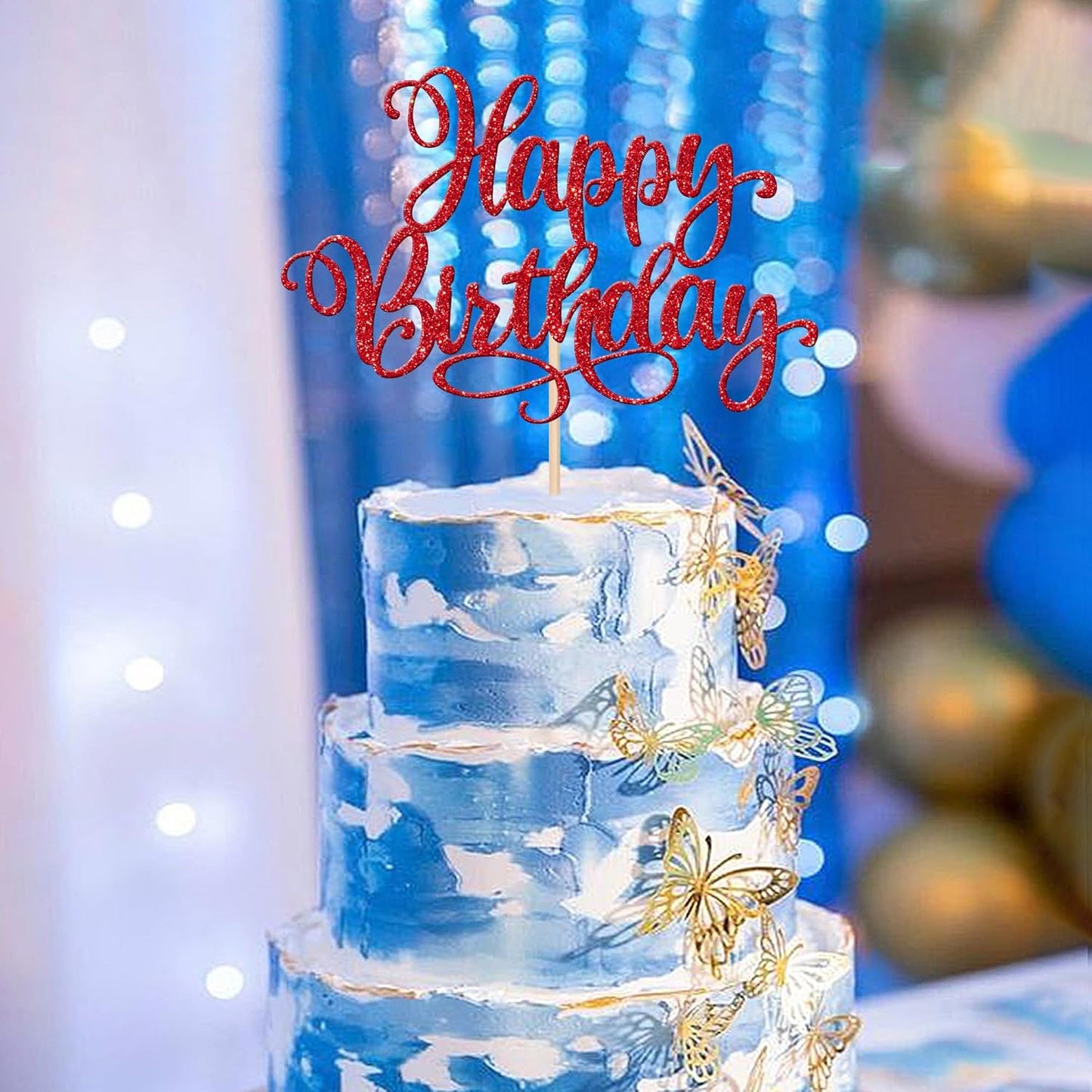 1 PCS Happy Birthday Cake Topper Glitter Happy Birthday Cake Pick Bunting Decor for Anniversary Celebrating Happy Birthday Party Cake Decorations Supplies Red