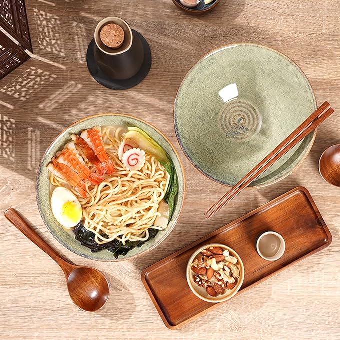 NUTRIUPS 8 Inch Ceramic Ramen Bowl Set of 2 Pho Bowls 40oz Japanese Noodle Udon Soup Bowls with Spoons and Chopsticks (Misty Blue)