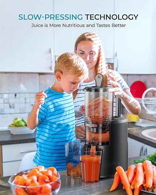 Cold Press Juicer Machines, EUHOMY 5.5" Wide Feed Chute, Slow Masticating Juicer for Whole Vegetables and Fruits, 99.6% High Juice Yield, Easy to clean, Juicer Machines with BPA Free, Black