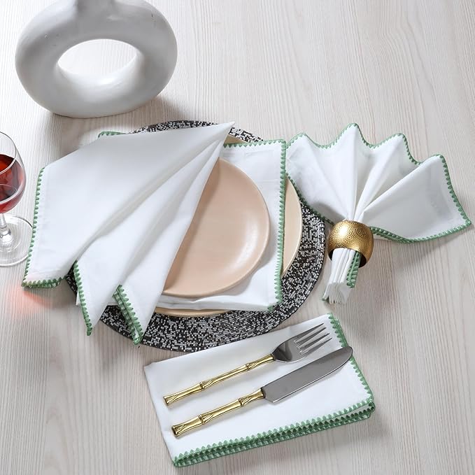 Bedding Craft Cotton Cloth Dinner Napkins Set of 12 – 18x18 Salted Lime with Colored Edge Embroidery – Washable Fabric Napkins for Wedding Table Décor, Parties, Restaurants & Everyday Dining