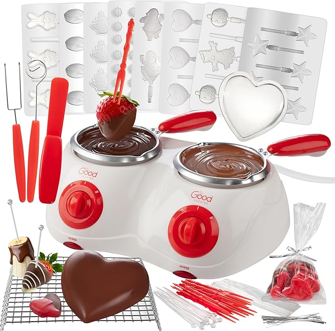 Dual Electric Chocolate Melting Pot Set- Halloween Candy Bar Making or Fondue Fountain Kit w/ 30 Bonus Accessories-Dip, Drizzle & Decorate Strawberries, Marshmallow, Snacks- Party Appetizers Desserts