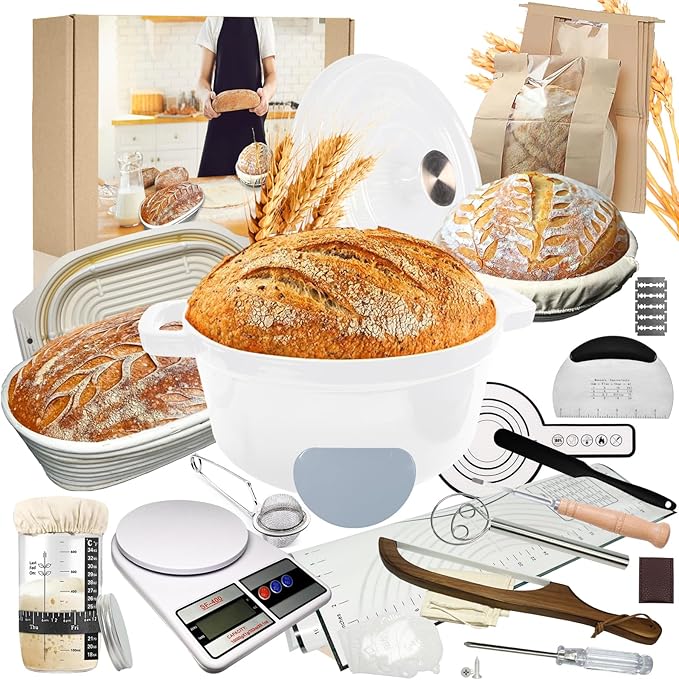 4 Color Complete sourdough bread makin Starter Kit,Sourdough Bread Baking Supplies for Beginner with Pot, Banneton Bread Proofing Baskets, Starter Jar, Scraper, Bread Making Tools & More (White)