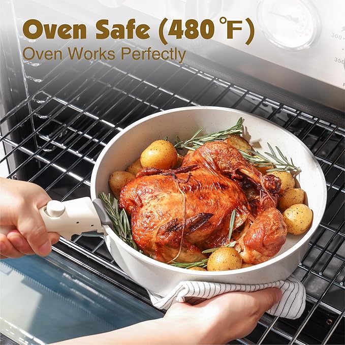 SENSARTE 17 Piece Pots and Pans Set, Nonstick Detachable Handle Cookware Set, Induction Kitchen Cookware Set with Removable Handle, Healthy Non Stick for RV, Dishwasher ＆ Oven Safe, PFOA Free (White)