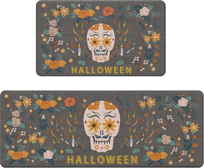 GENIMO Halloween Decorations - Kitchen Mats for Floor, 2PCS Kitchen Rugs, Cushioned Anti Fatigue Mat for Home Decor, Waterproof Non-Slip Comfort Standing Mat for Laundry, 17.3"x47"+17.3"x30", Grey