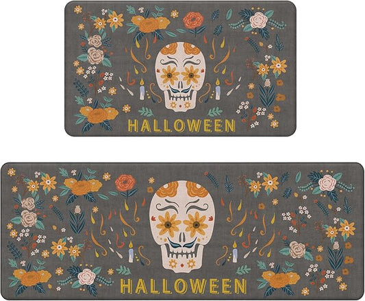 GENIMO Halloween Decorations - Kitchen Mats for Floor, 2PCS Kitchen Rugs, Cushioned Anti Fatigue Mat for Home Decor, Waterproof Non-Slip Comfort Standing Mat for Laundry, 17.3"x47"+17.3"x30", Grey