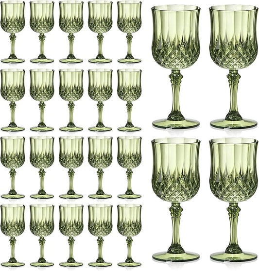 XUWAIDSGN 24 Pcs 7oz Plastic Vintage Wine Glasses Drinking Glasses Unbreakable Wedding Glassware Crystal Water Goblets Reusable Drinkware Vintage Champagne Flutes (24, Dark Green)