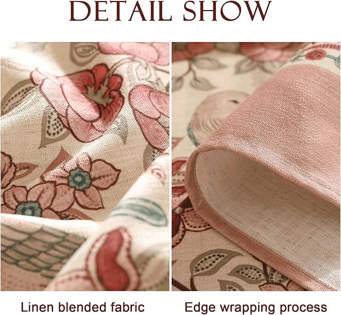 patdrea Designer Pink Linen Table Cloth for Rectangle Table,Vintage Floral with Birds Pattern Decorative Tablcloth,French Table Cover for Kitchen Dining,Thanksgiving,Christmas,63"x87"-Kulom a