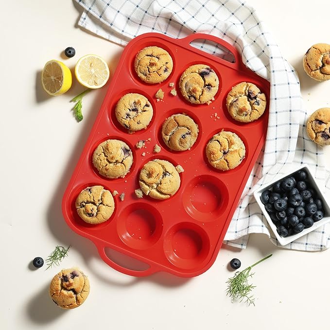 12 Cups Silicone Muffin Pan with Metal Reinforced Frame Regular Size Cupcake Pan Tray Egg Bites Silicone Circle Cookie Molds Muffin Tin Tart Pans Baking Sheet Set for Breakfast Sandwiches