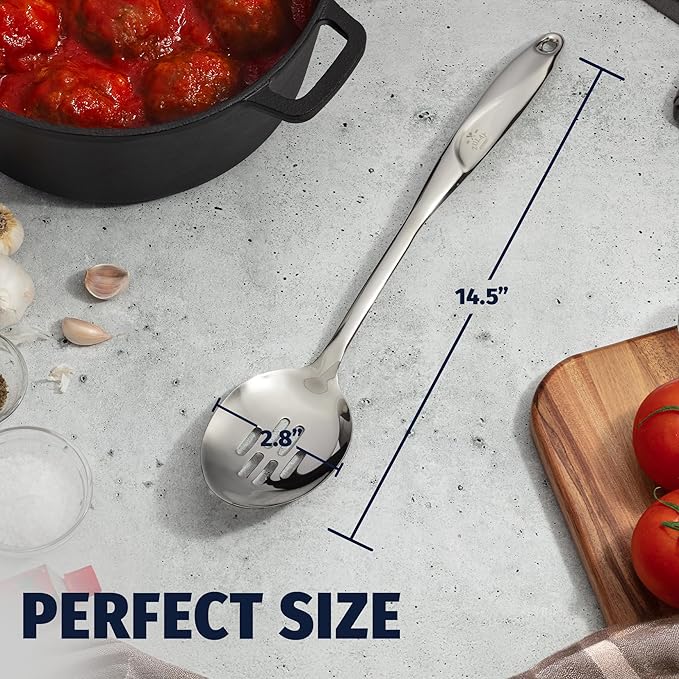 Zulay Kitchen Stainless Steel Slotted Spoon - Large Cooking Spoon - Durable Premium Stainless Steel with Comfortable, Ergonomic Handle - Easy to Clean - Perfect for At Home Cooking & Buffets - 15”