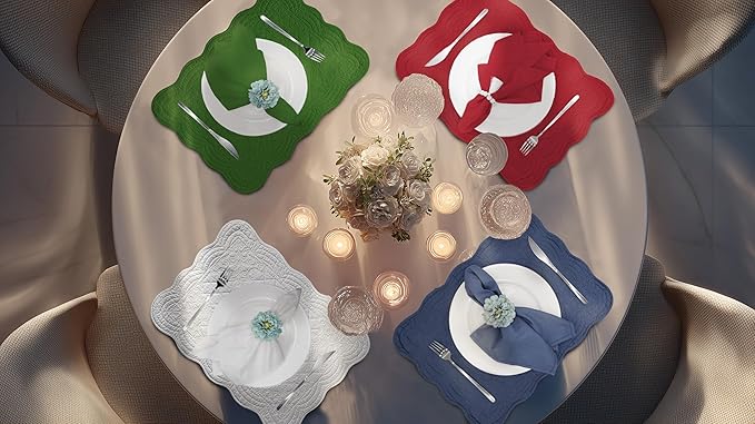 Quilted Placemats Set of 4 with Matching Cotton Napkins – 4 Piece Table Mats & 4 Cloth Napkins – 100% Cotton Table Linen Set for Everyday & Holiday Dining (4, Denim Blue)