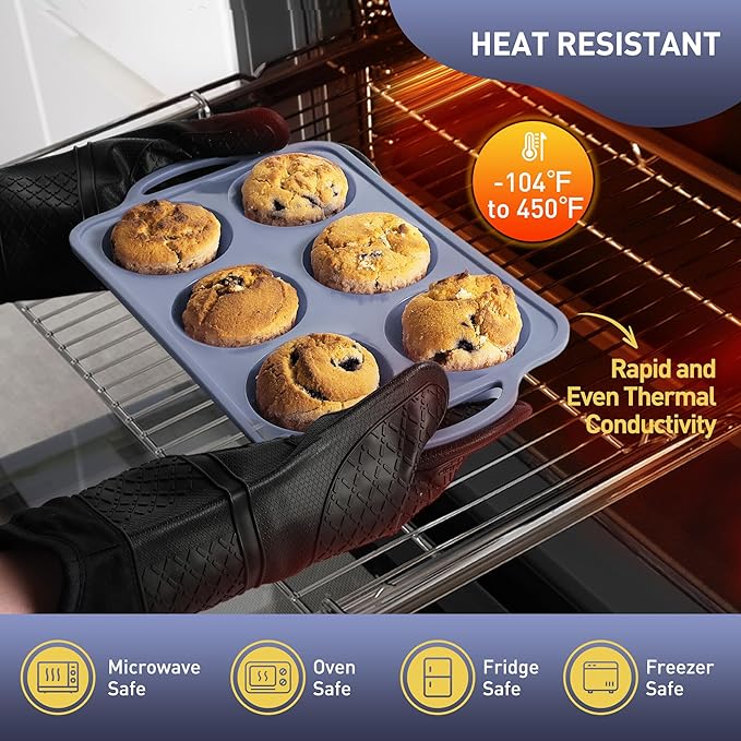 2 Packs 6 Cups Silicone Muffin Pan with Metal Reinforced Frame Jumbo Size Cupcake Pan Tray Egg Bites Silicone Circle Round Cookie Molds Muffin Tin Tall Tart Pans Baking Sheet Breakfast Sandwiches
