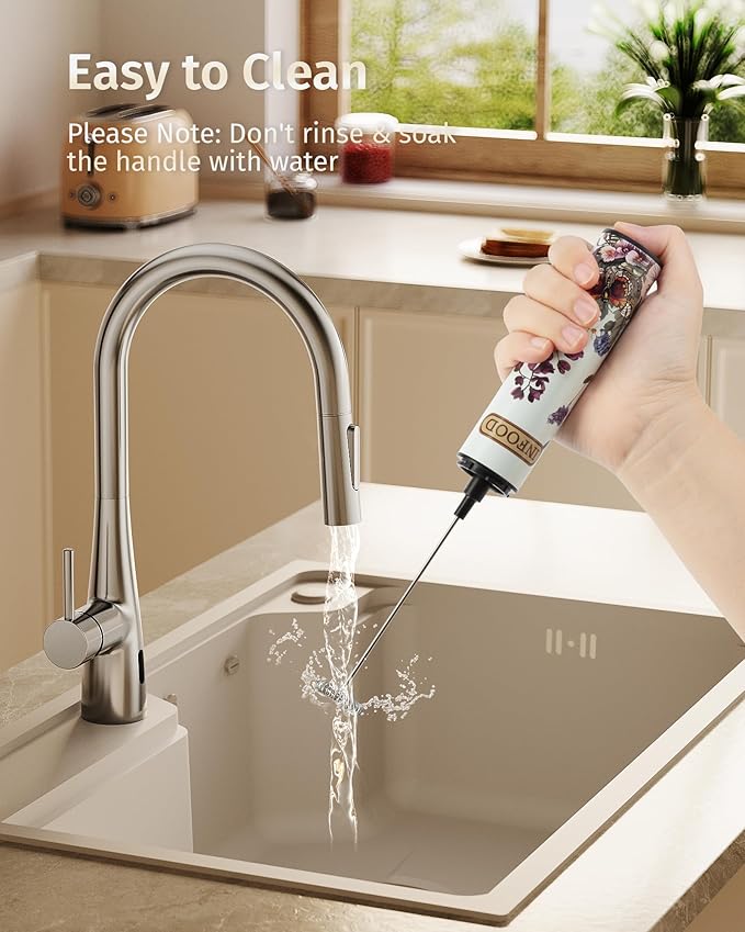 Milk Frother Rechargeable with Cover - Coffee Frother Wand, Drink Mixer Handheld with 2 Detachable Stainless Whisks 2 Speed Adjustable for Latte, Cappuccino, Hot Chocolate, Egg, White Floral