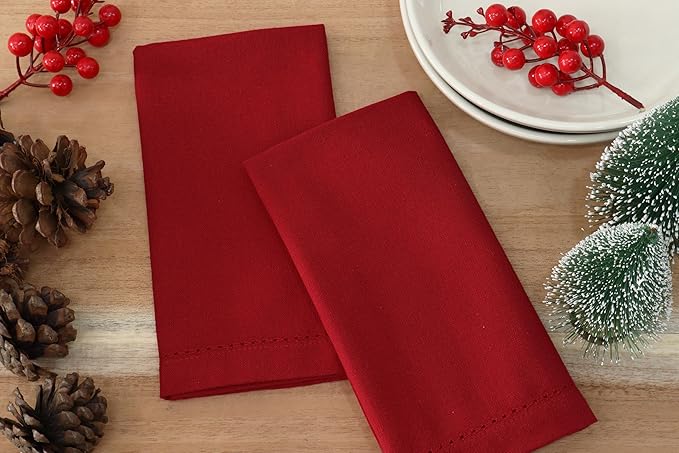 PurpleEssences Set of 12 Hemstitch Cloth Dinner Napkins 100% Cotton - Soft Durable Washable - Ideal for Wedding Fall Thanksgiving - Perfect Everyday Use Table Linen 18x18 - Red