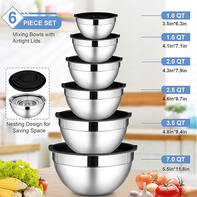 LIANYU 6 PCS Stainless Steel Mixing Bowls with Lids Set, Large Size 7, 3.5, 2.5, 2, 1.5, 1QT, Kitchen Nesting Metal Bowl Sets, Ideal for Baking Cooking Serving Food Storage, Dishwasher Safe, Black