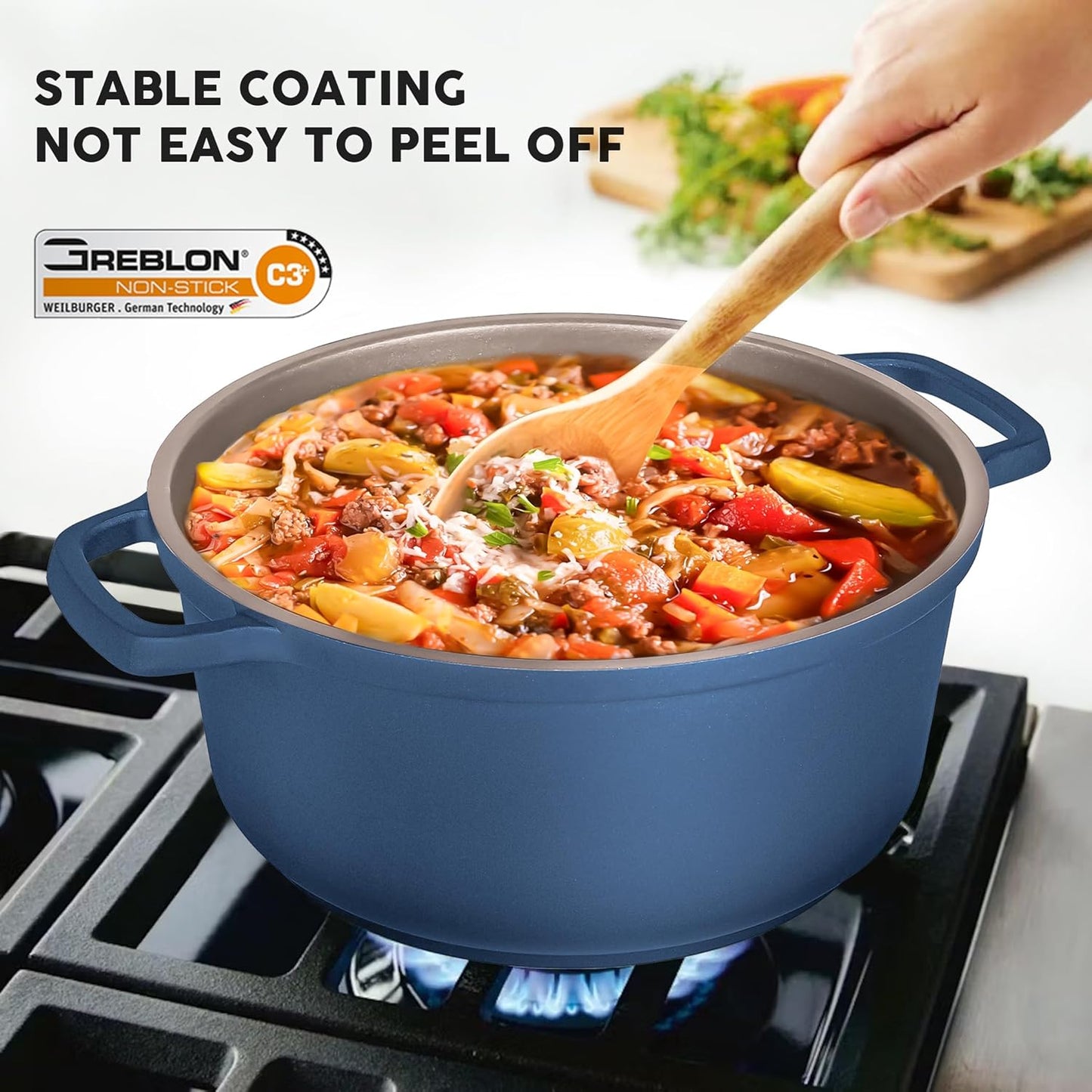 Large Dutch Oven Pot with Lid-7.5QT Cast Aluminum Oven Pot with Two Handles Lightweight for Bread Baking Braising and Roasting(Blue)